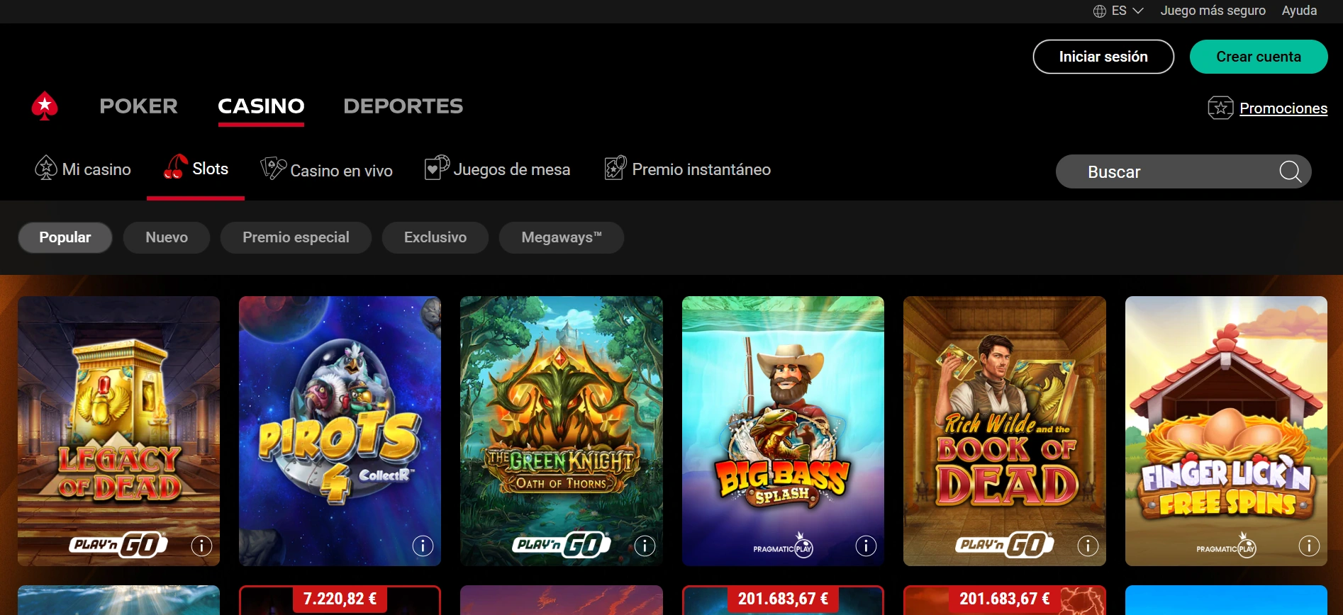 PokerStars casino app: una imagen del catálogo disponibles de slots en la plataforma.