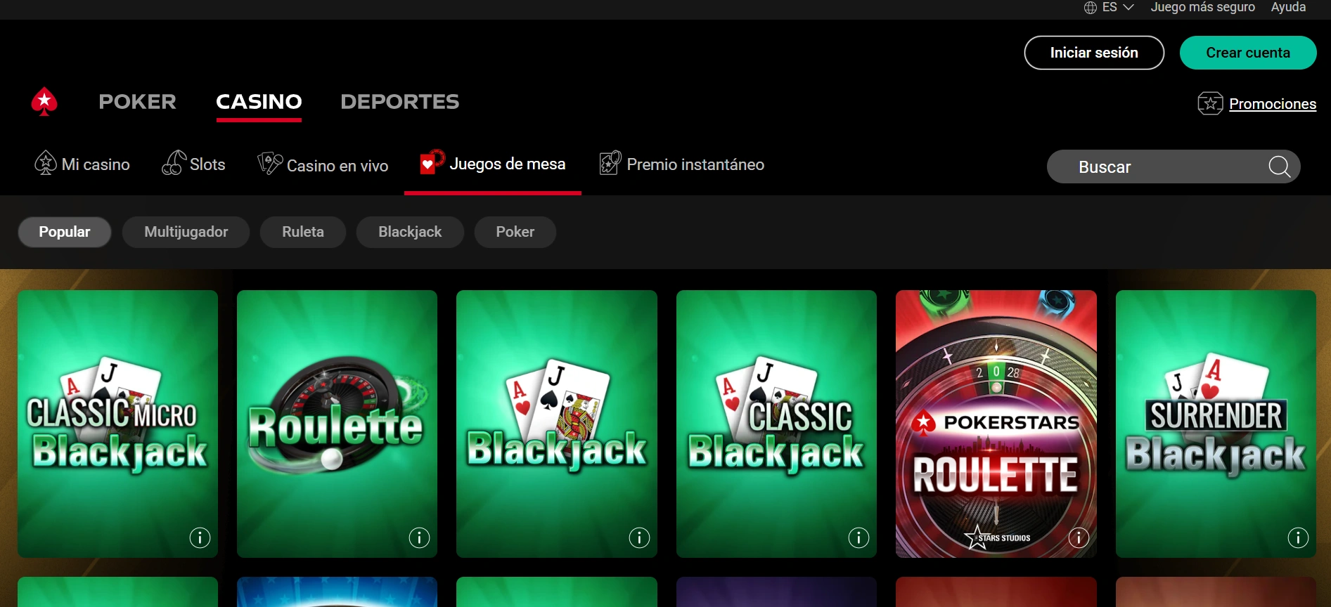 Pokerstars España: una imagen de los juegos de mesa que tienen.