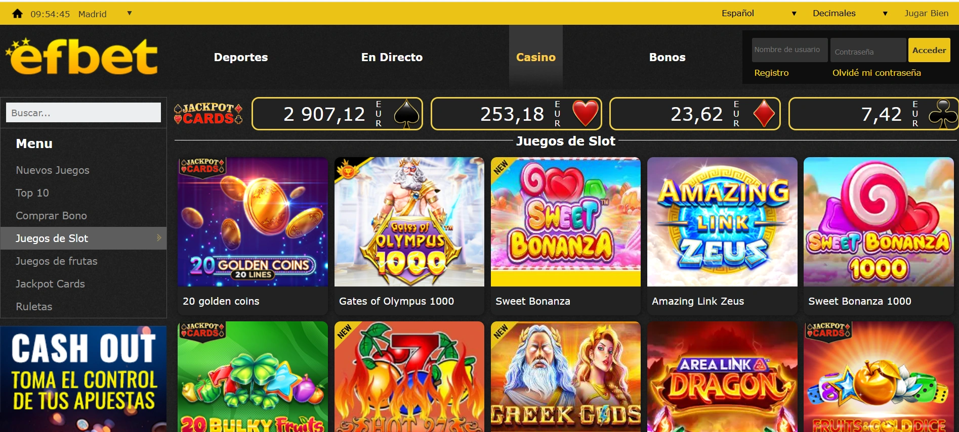 Opiniones Efbet: una imagen de su página web.