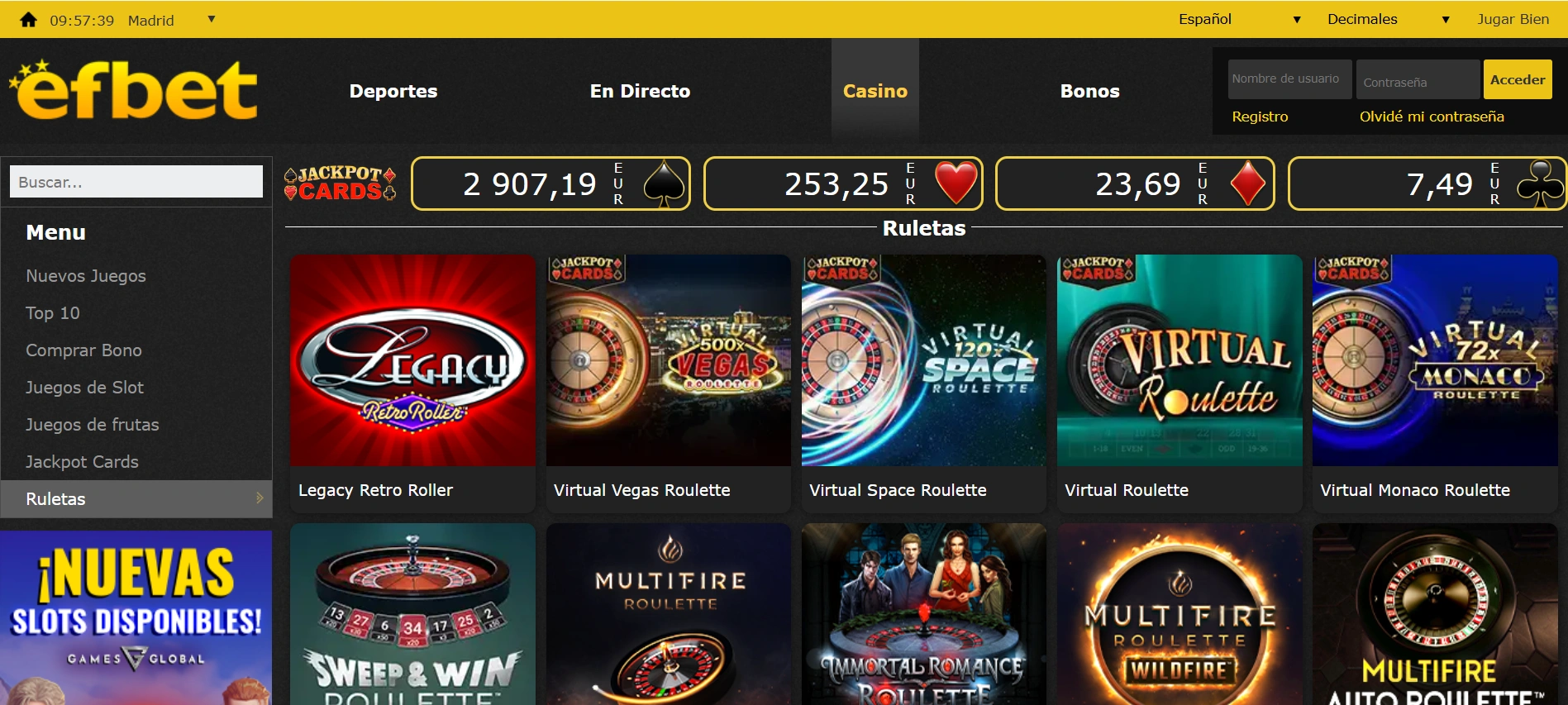 Casino Efbet: una imagen que muestra las opciones disponibles de ruleta en la plataforma.