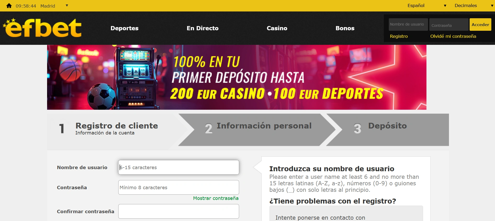 Efbet: una imagen que muestra el proceso de registro dentro de la plataforma.