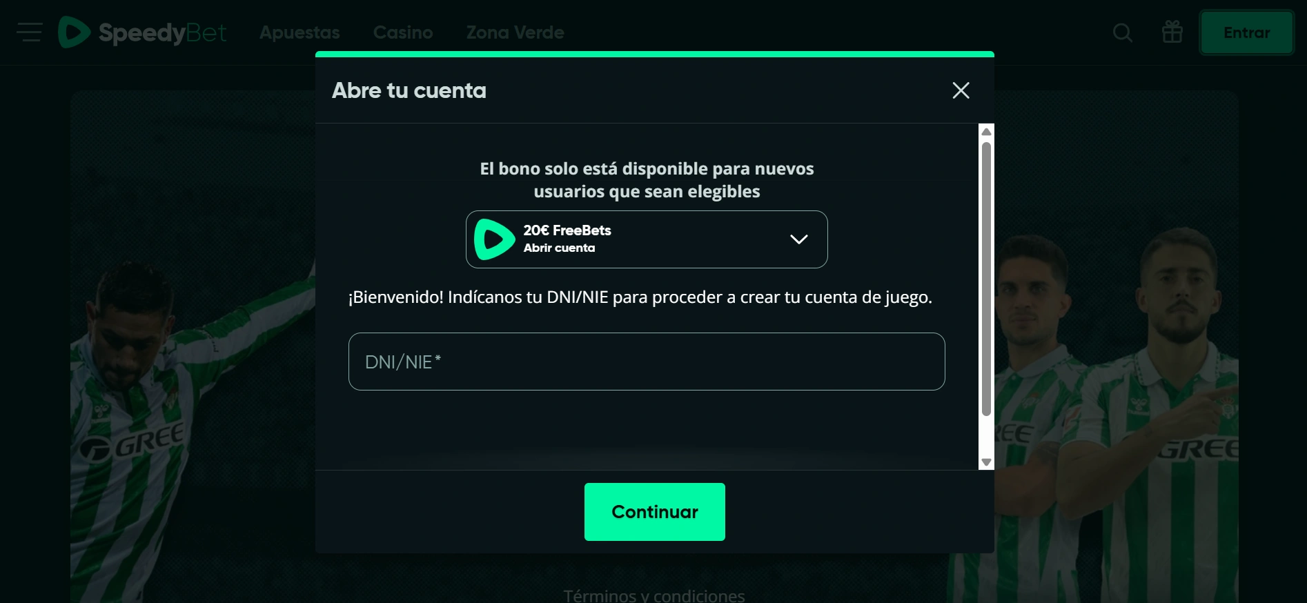Speedybet registro: un formulario de registro en la plataforma.,